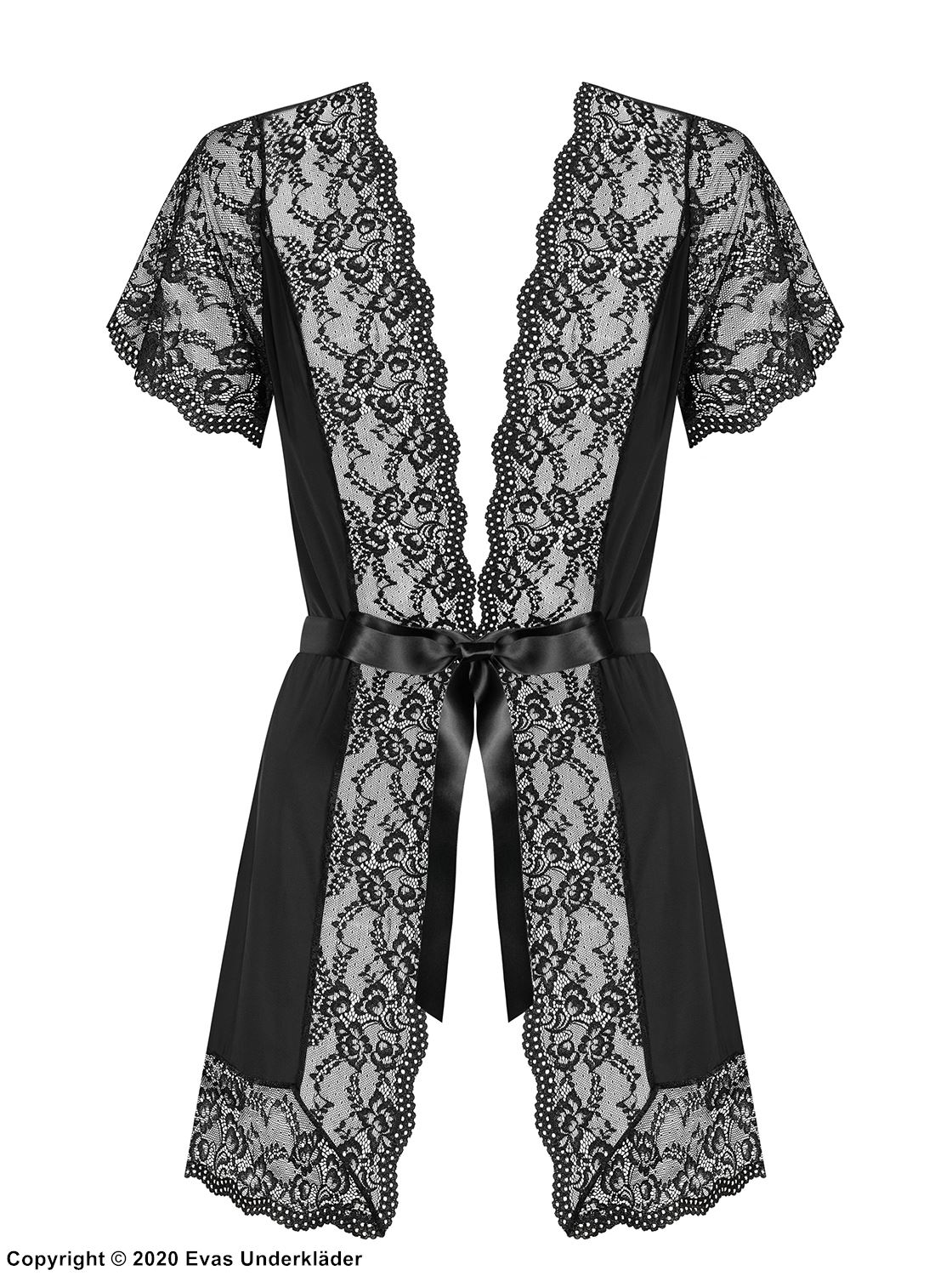 Elegant robe, satin bow, wide lace edge, short sleeves, flowers